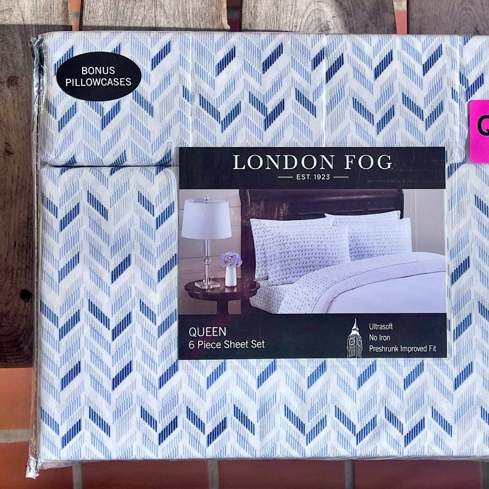 6-pc London Fog QUEEN SIZE Sheet Set - BLUE WHITE CHEVRON - 2 EXTRA PILLOWCASES